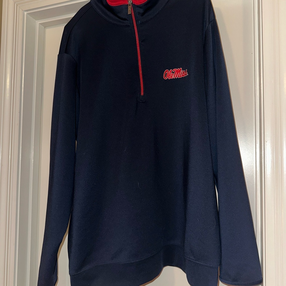 ANTIGUA OLE MISS REBELS MENS NAVY BLUE VICTORY LONG SLEEVE QTR ZIP PULLOVER